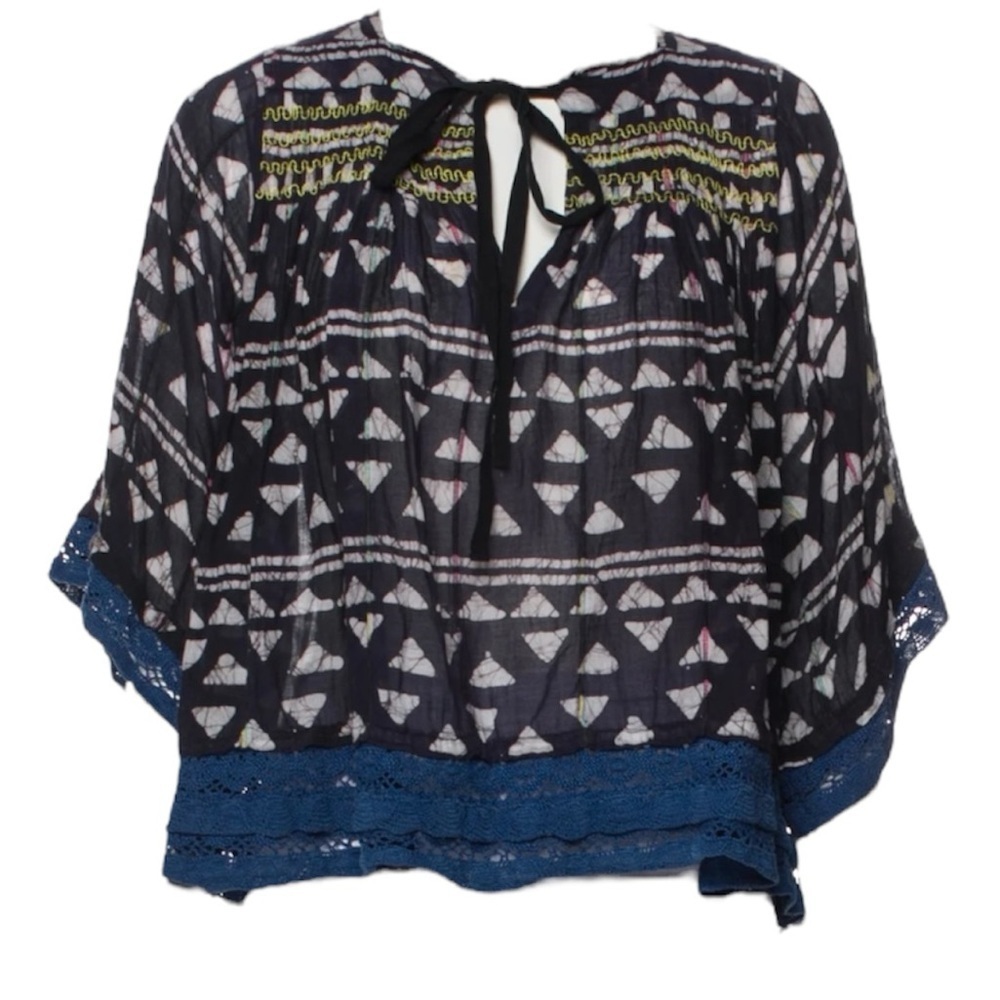WARM Brand / Black Blue wmbroider ikat tie neck blouse m / l